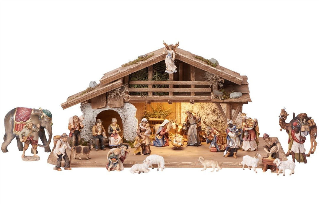 Mahlknecht Nativity sets - Alpine Stable With Lighting 17, 20, 25 and 30 Piece Sets