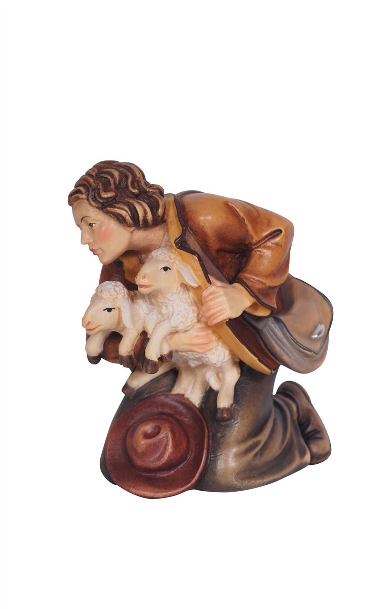 Kostner Nativity Scene Shepherd kneeling with two lambs Figurine