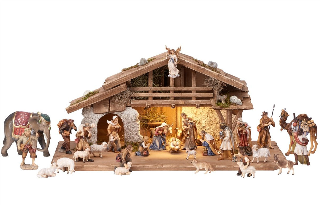 Kostner Nativity set - Alpine stable with lighting 17, 20, 25 and 30 Piece Sets