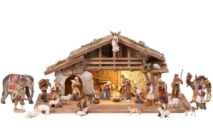 Kostner Nativity set - Alpine stable with lighting 17, 20, 25 and 30 Piece Sets