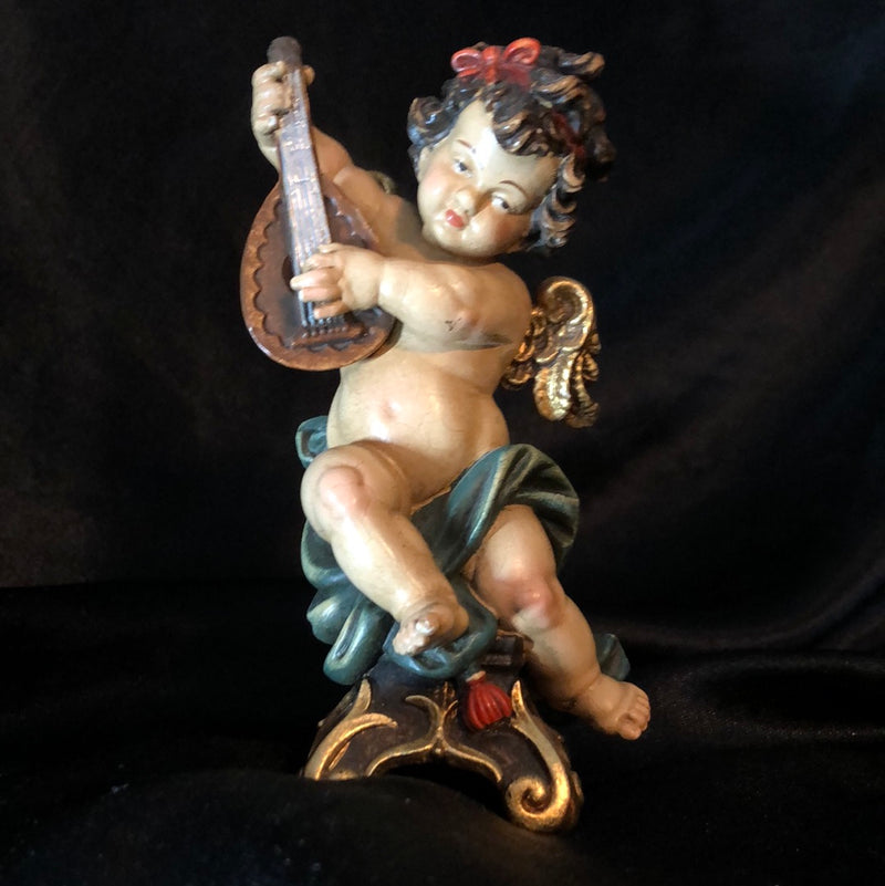Reichberger Angel on console playing Mandolin Sculpture, 5.5" antique painted